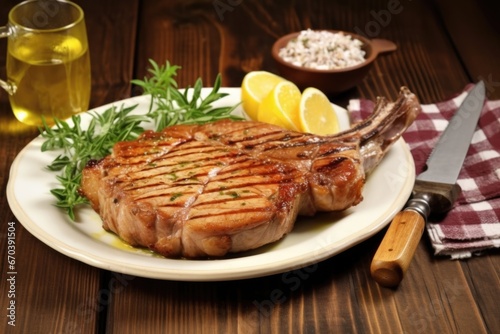 pork chop on a ceramic dish with knife and fork