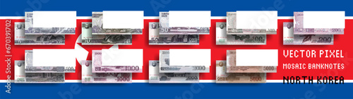 Vector set of pixel mosaic banknotes of North Korea. Collection of bills in denominations of 5, 10, 50, 100, 200, 500, 1000, 2000 and 5000 won. Play money or flyers.