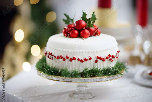 Christmas desserts, Close-up shot, wedding cake on table decorated with Christmas ornament.