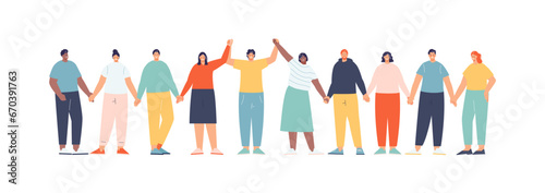Smiling group of people holding hands. Social unity and support, team and friendship, solidarity. We are together