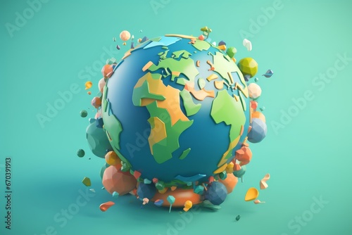 Colorful globe with miniature trees against a soft green backdrop  a journey through geography.