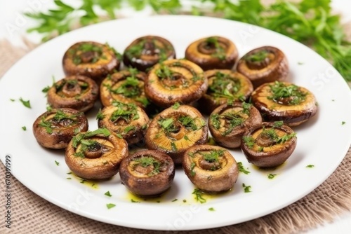grilled mushrooms with a parsley garnish on a white plate