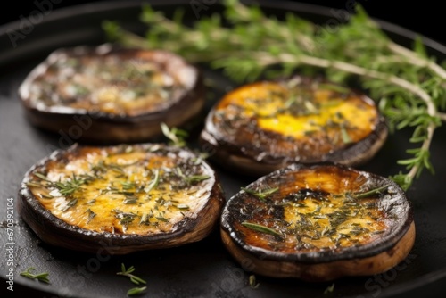 close-up of grilled portobellos with fresh thyme on a black slate
