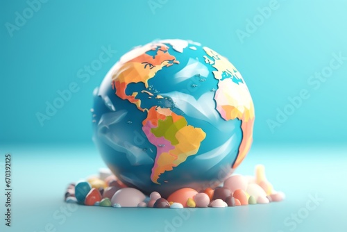 Colorful globe with miniature trees against a soft green backdrop  a journey through geography.