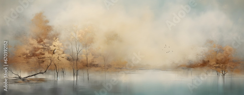 watercolour drawing forest landscape of dry trees in autumn with lake water reflection and fog background