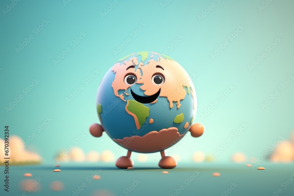 Cute animated globe with a joyous expression, emphasizing positive environmental awareness and care. - obrazy, fototapety, plakaty 