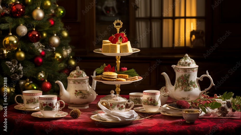 A beautifully set Christmas tea table, adorned with festive crockery and treats.