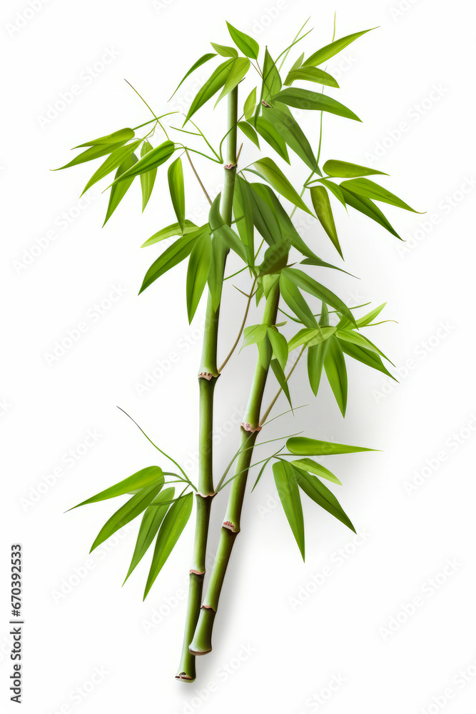 Obraz premium Bamboo plant with green leaves on white background with shadow.