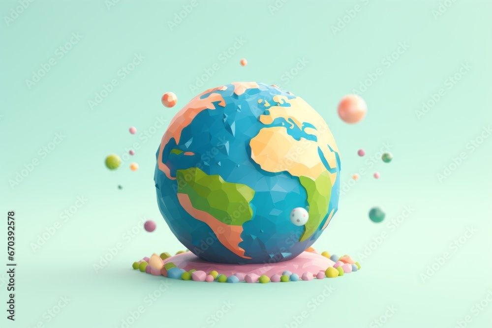 Colorful globe with miniature trees against a soft green backdrop, a journey through geography.