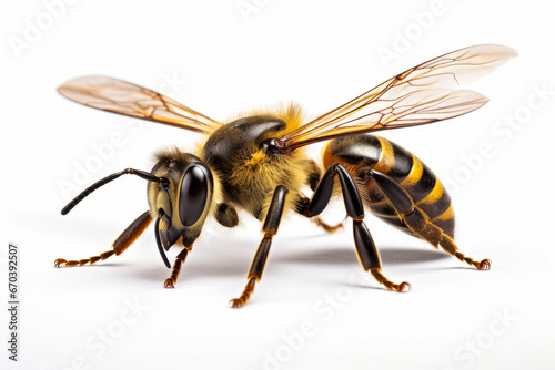 Bee with yellow and black stripe on its head and legs.