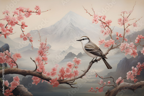 painting pattern of bird standing on tree branch with beautiful pink flowers and mountain background