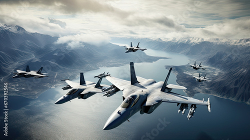 a group of fighter jets flying together over water, Fighter jets flying in formation over the ocean photo