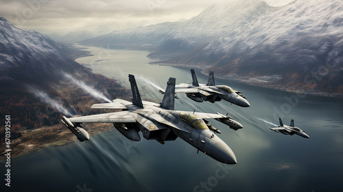a group of fighter jets flying together over water, Fighter jets flying in formation over the ocean photo