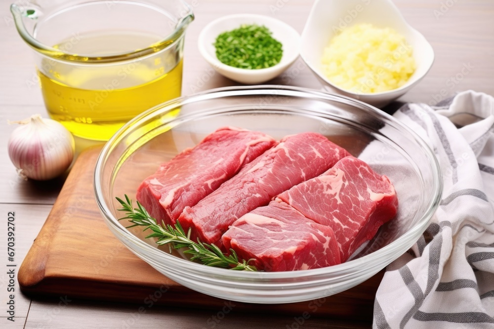 raw ribeye steak marinating in a bowl raw ribeye steak marinating in a bowl