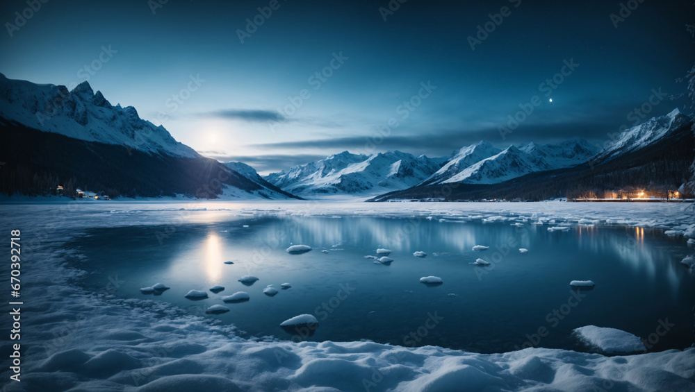 Frozen lake under the moonlight, A frozen lake surrounded by snow-covered mountains illuminated by the glow of a full moon, exudes a sense of tranquility and mystery, generative Ai