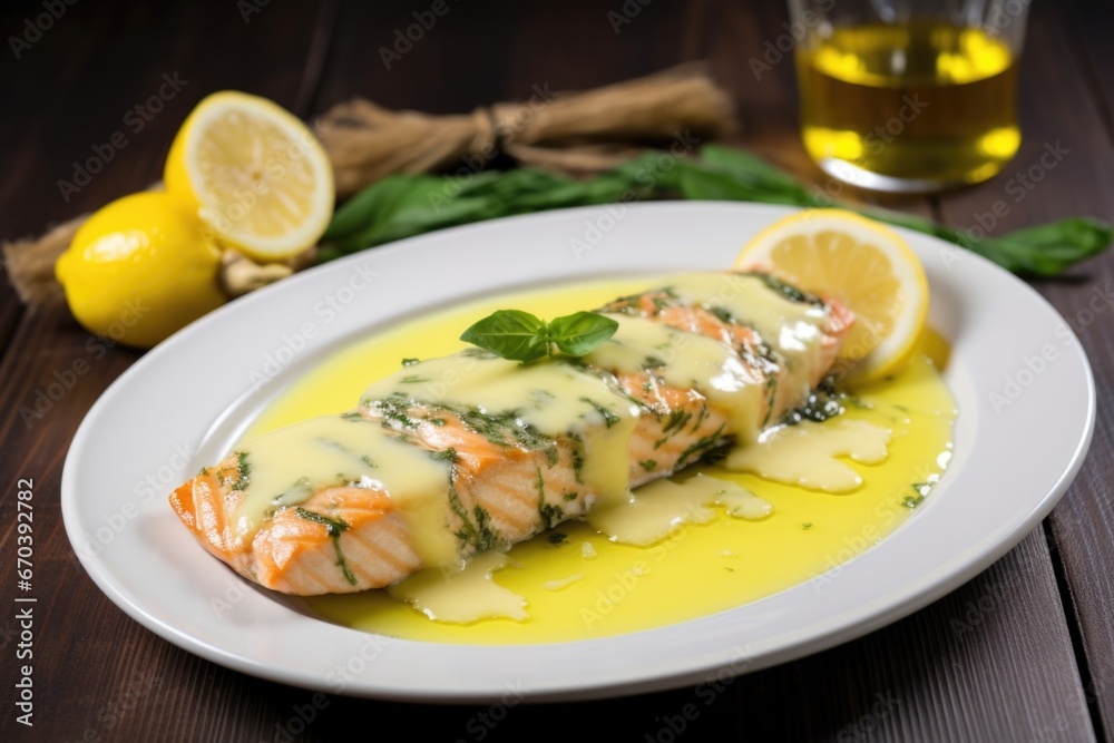 grilled salmon steak topped with lemon butter sauce grilled salmon steak topped with lemon butter sauce