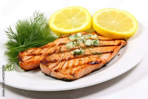 fresh grilled salmon steak garnished with dill and lemon
