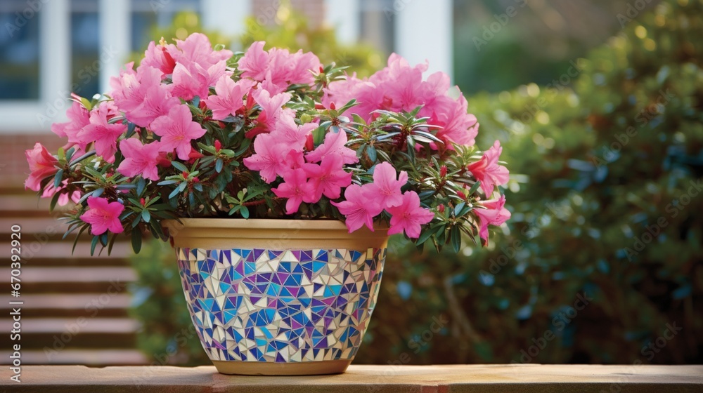 A blooming azalea contrasted against a pot with a vibrant mosaic design.