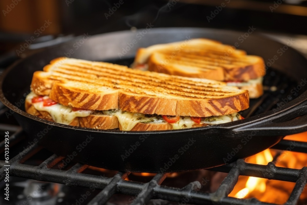 sandwich with grill marks under cast iron press on stovetop