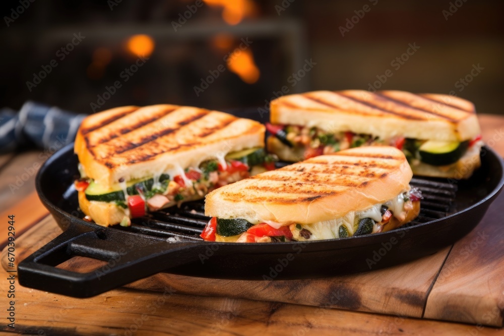grilled sandwich under cast iron press on wooden board