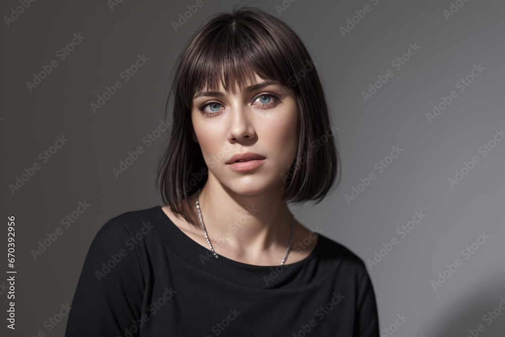 Beautiful woman portrait in black stands on a gray background Beautiful woman portrait in black stands on a gray background