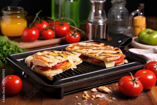 tomato and cheese pressed sandwich with iron press visible