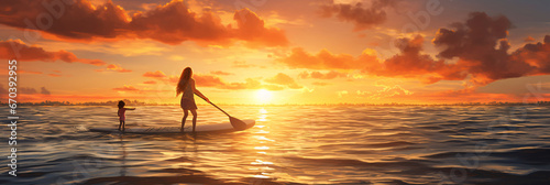 A golden horizon of learning Young aspirant surfer receives guidance as sun paints the evening sea with hues of passion