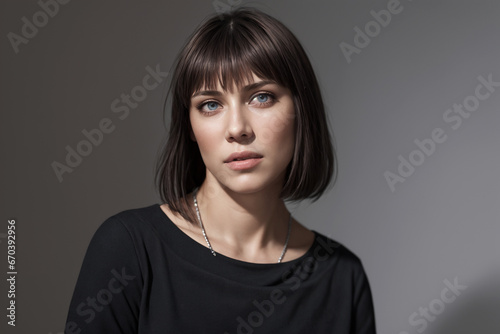 Beautiful woman portrait in black stands on a gray background