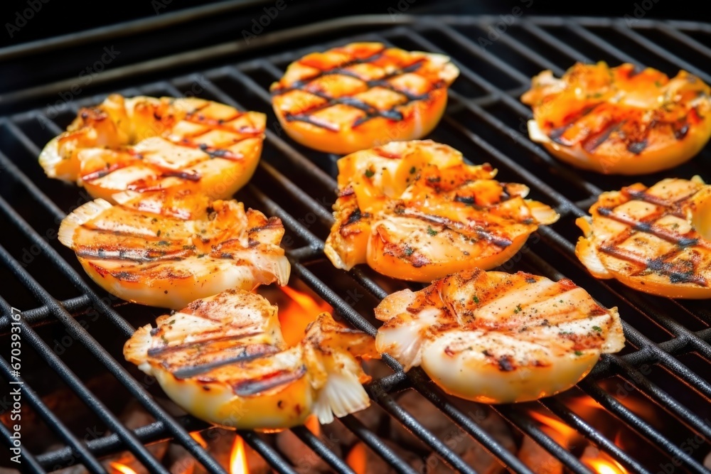 close-up of scallops getting grilled on an indoor grill pan close-up of scallops getting grilled on an indoor grill pan