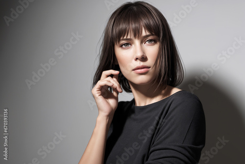 Beautiful woman portrait in black stands on a gray background