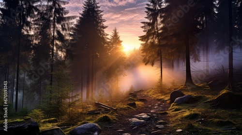 Sunset in the forest, AI generated Image