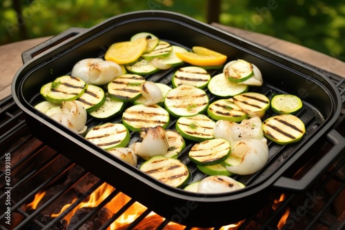 grilled scallops and zucchini strips in a grill pan