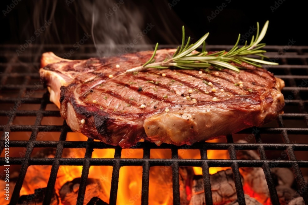 t-bone steak on a charcoal grill with smoke