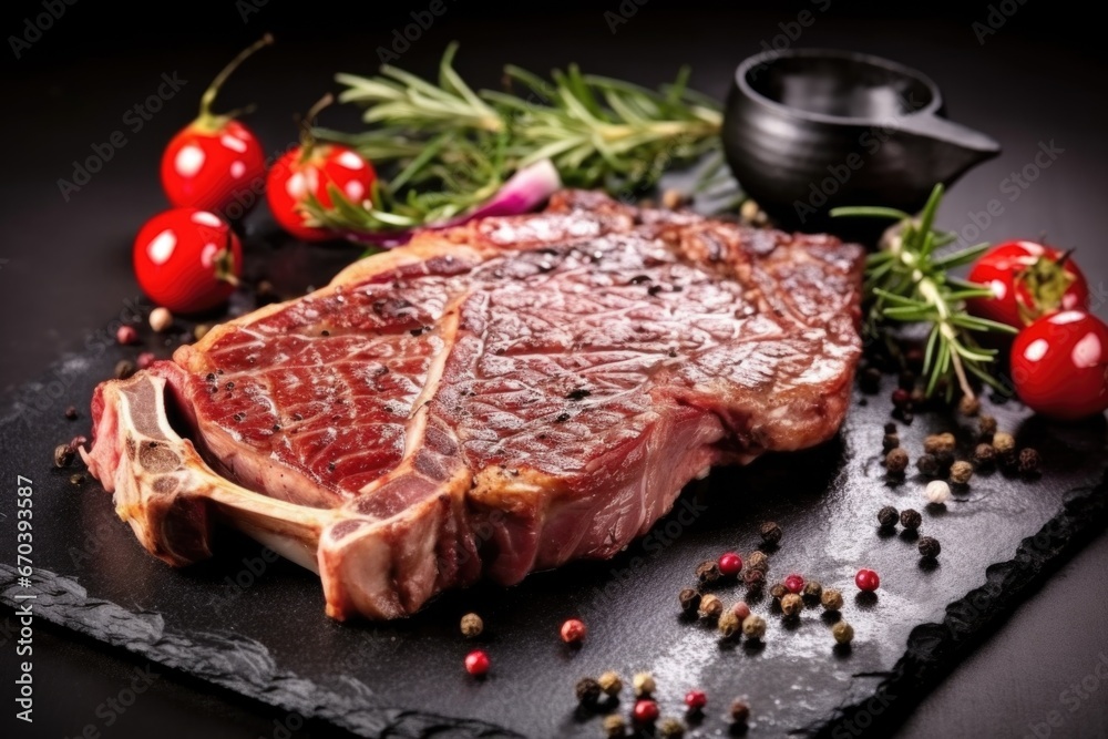 grilled t-bone steak on a black stone slab