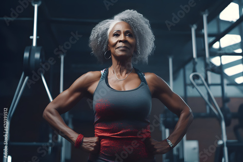 Athletic elderly muscular woman in gym before workout