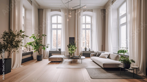 Interior design in Scandinavian style  modern living room in country house  villa  hotel. Minimalism  panoramic windows