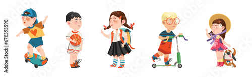 Little Kids Engaged in Different Recreation Activity Vector Set