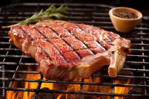 t-bone steak on grill grates with visible char marks and flame