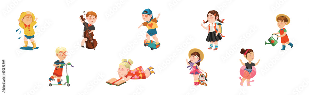Little Kids Engaged in Different Recreation Activity Vector Set Little Kids Engaged in Different Recreation Activity Vector Set
