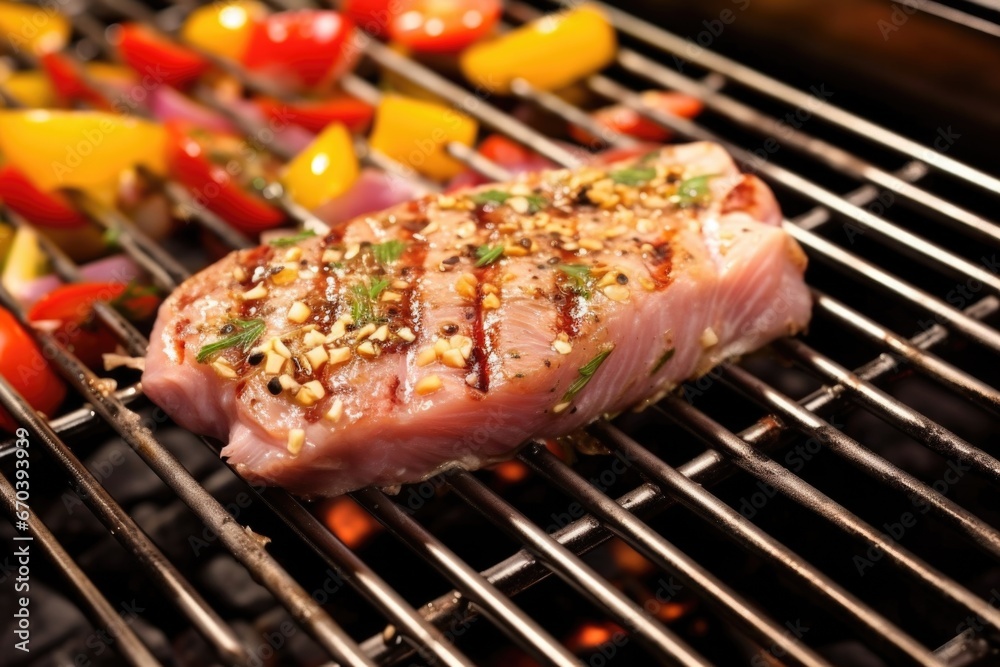 marinated tuna steak on a stainless steel grill