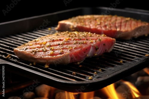 tuna steak on a hot cast-iron grill pan