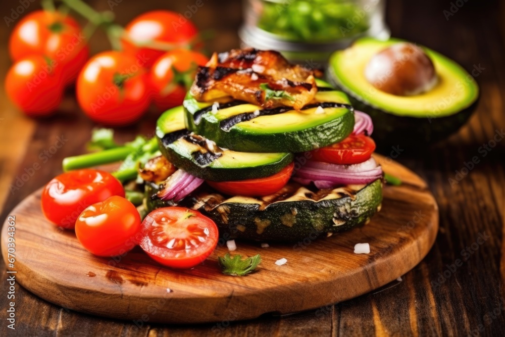 grilled veggie burger topped with fresh avocado
