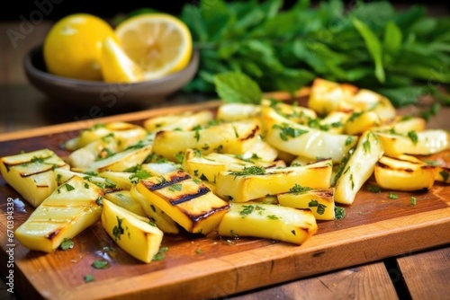 delicious grilled parsnips on a rustic wood board © altitudevisual