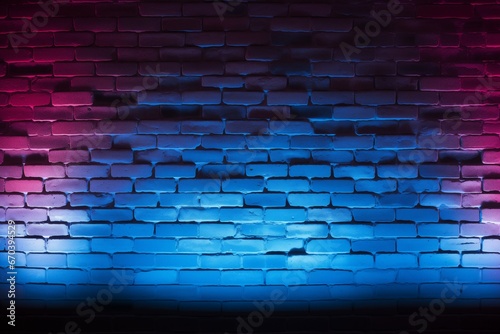 A brick wall with blue and pink lights
