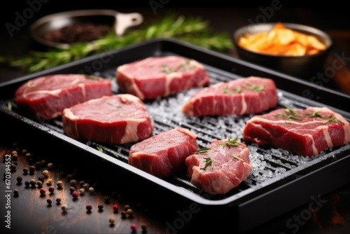 raw steaks ready for grilling on a black tray