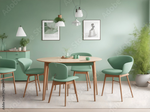 Mint color chairs at round wooden dining table in room with sofa and cabinet near green wall. Scandinavian  mid-century home interior design of modern living room.