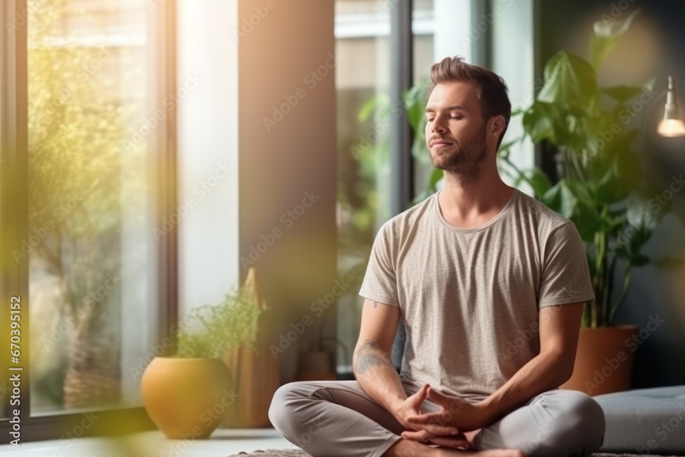 Healthy serene young man meditating at home, relaxing body and mind sitting on floor in living room. Mental health and meditation for no stress. Healthy serene young man meditating at home, relaxing body and mind sitting on floor in living room. Mental health and meditation for no stress.