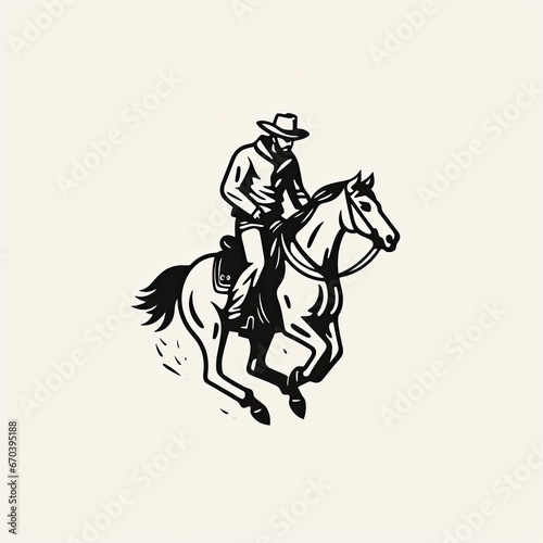 cowboy riding a horse - black and white line drawing logo template © Salander Studio