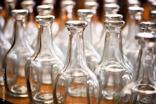 close focus on a collection of new, empty clear glass bottles