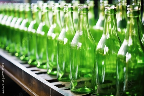 closeup of glass bottles on conveyor belt